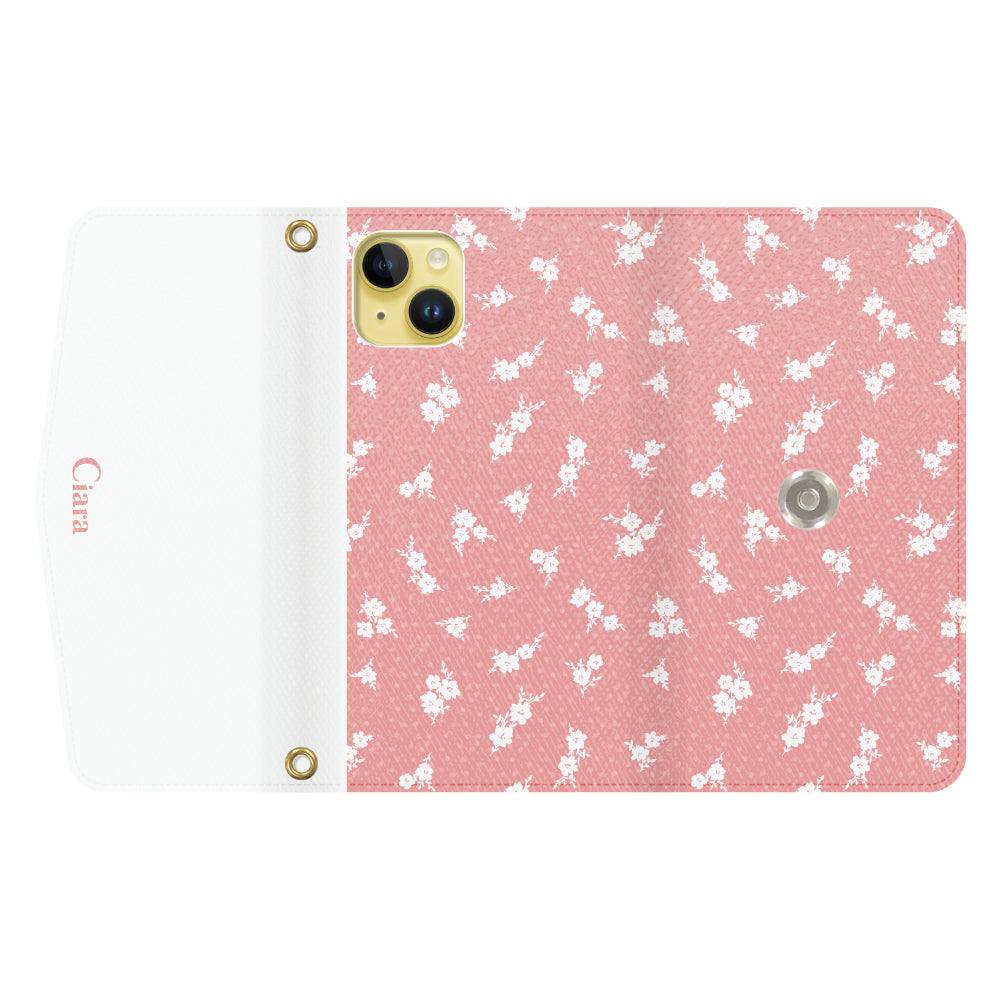 iPhone14Plusケース 手帳型カード収納レザーケース ドットフラワー ピンク