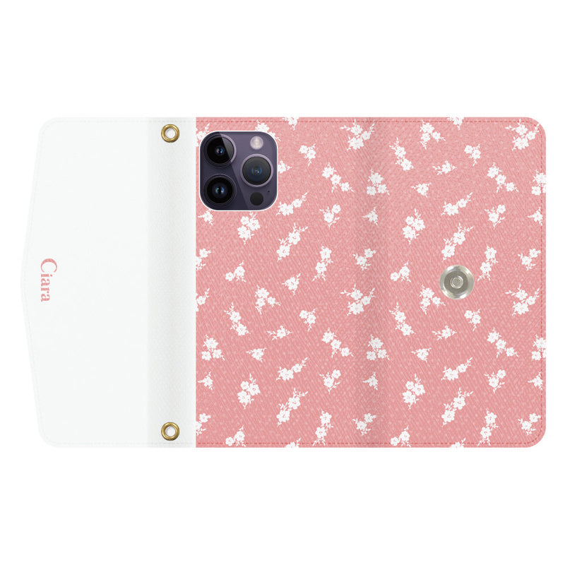 iPhoneケース  カード収納 ミラー ストラップ付き レザー 三つ折り 手帳型ケース ドットフラワー