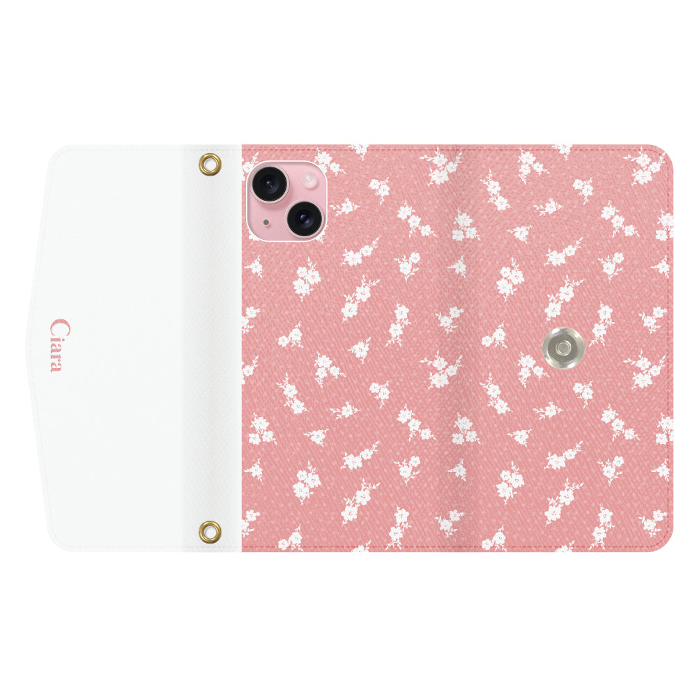 iPhone15ケース 手帳型カード収納レザーケース ドットフラワー ピンク