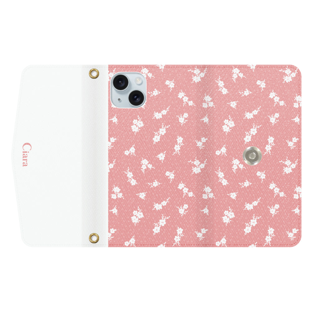 iPhone15Plusケース 手帳型カード収納レザーケース ドットフラワー ピンク