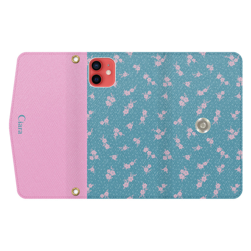 iPhoneケース  カード収納 ミラー ストラップ付き レザー 三つ折り 手帳型ケース ドットフラワー