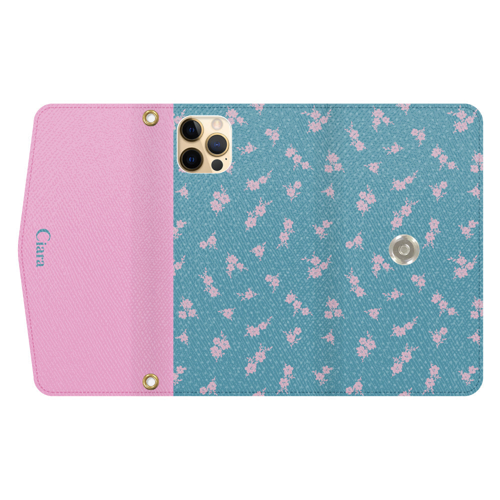 iPhone11ProMaxケース 手帳型カード収納レザーケース ドットフラワー ブルー