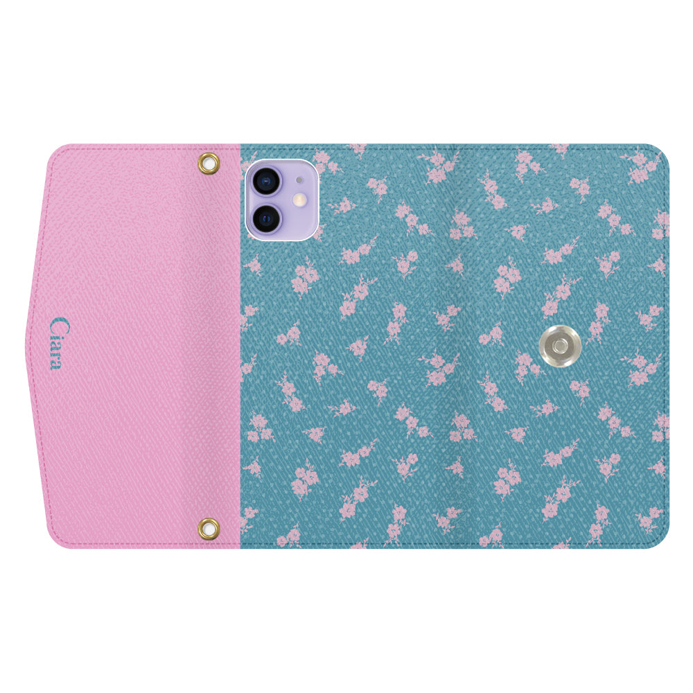 iPhone12/12Proケース 手帳型カード収納レザーケース ドットフラワー ブルー