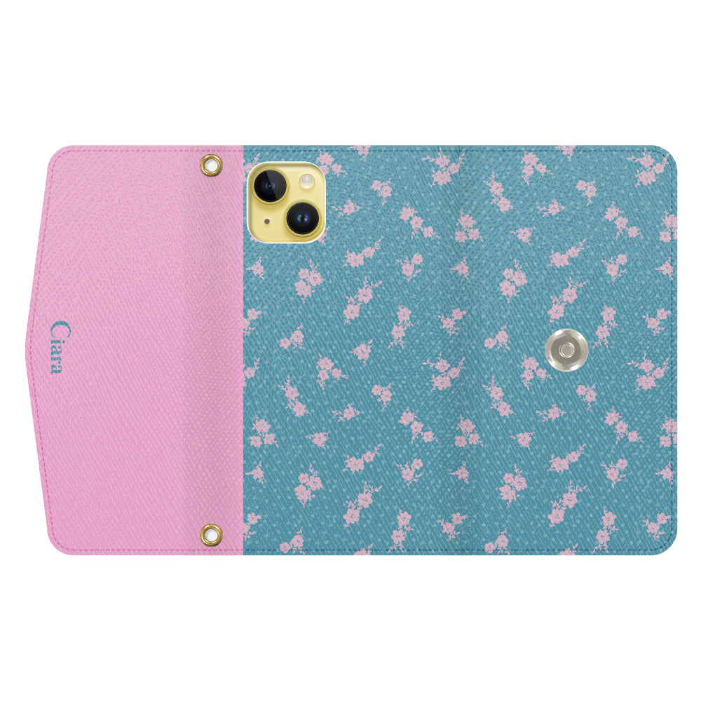 iPhone14Plusケース 手帳型カード収納レザーケース ドットフラワー ブルー