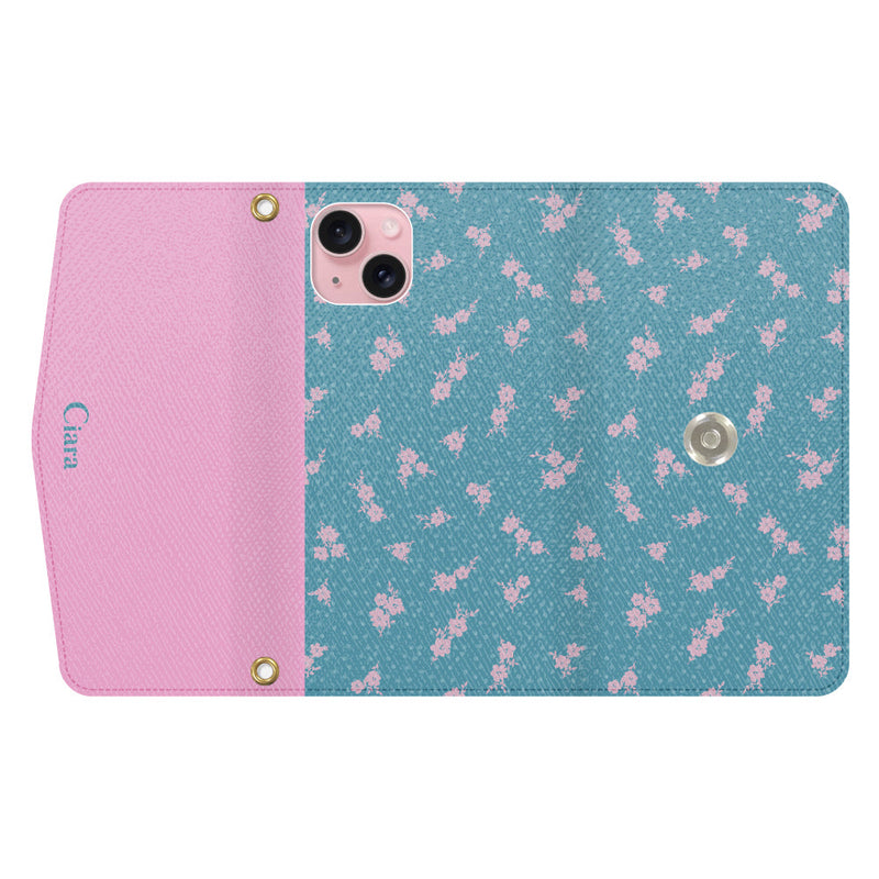 iPhoneケース  カード収納 ミラー ストラップ付き レザー 三つ折り 手帳型ケース ドットフラワー