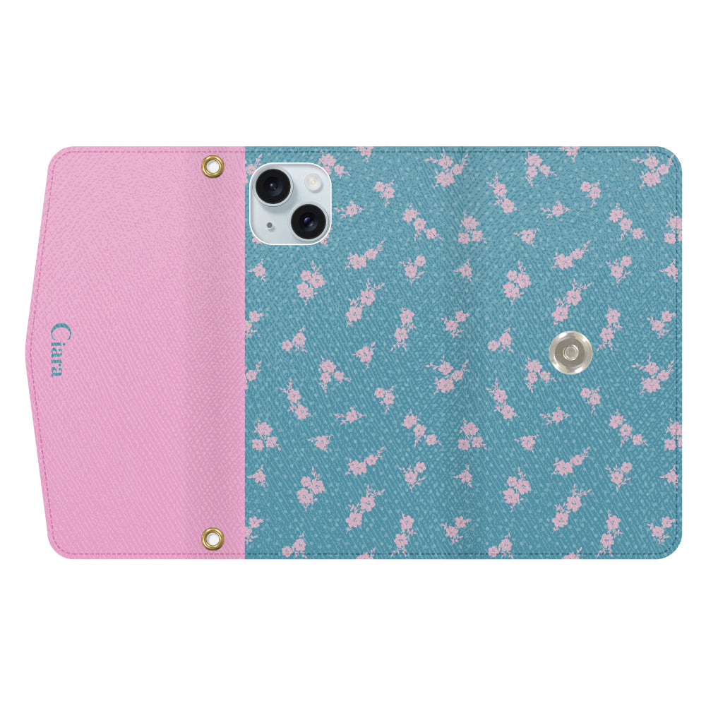 iPhone15Plusケース 手帳型カード収納レザーケース ドットフラワー ブルー