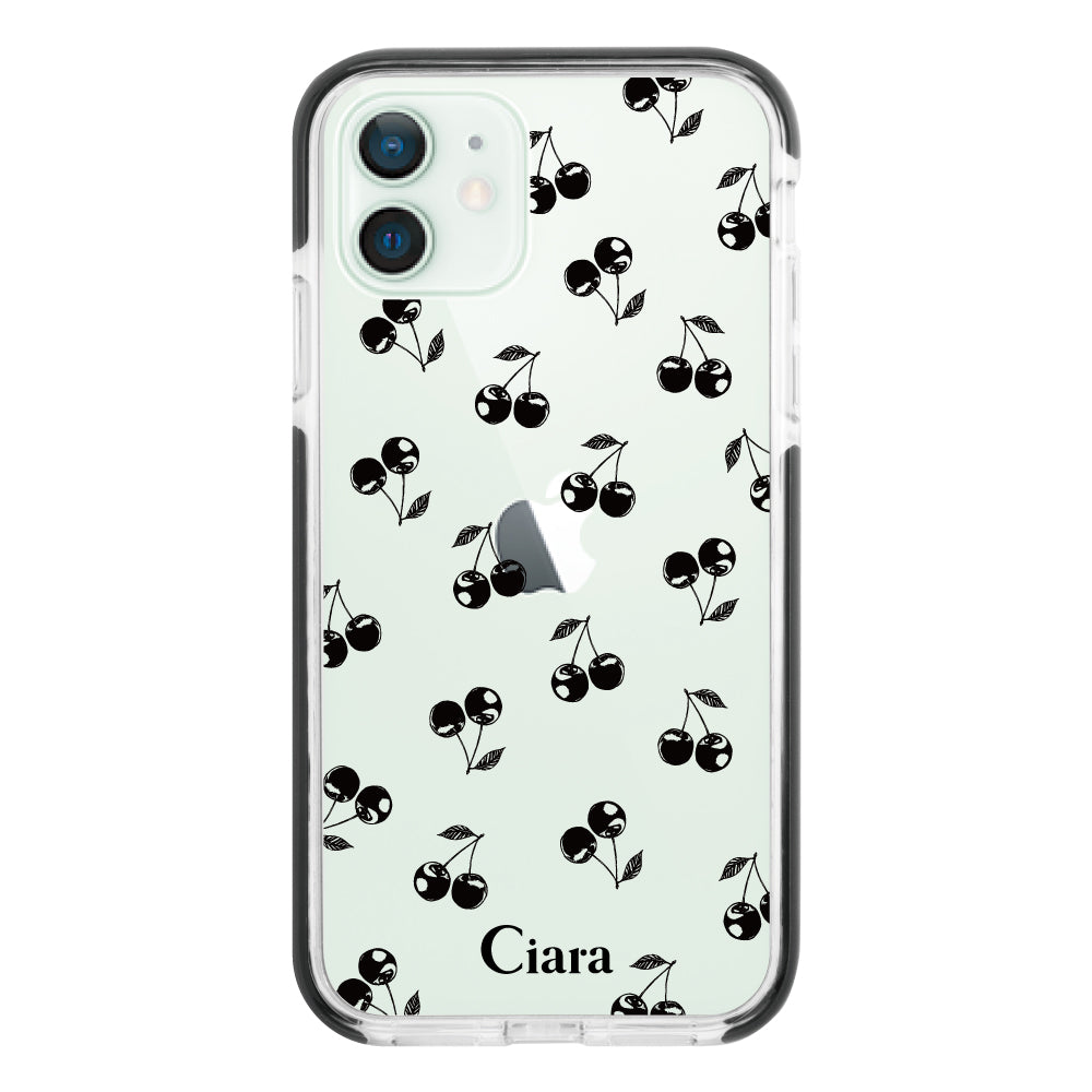 iPhone12mini クッションバンパー 耐衝撃クリアケース ロマンティックチェリー ブラック