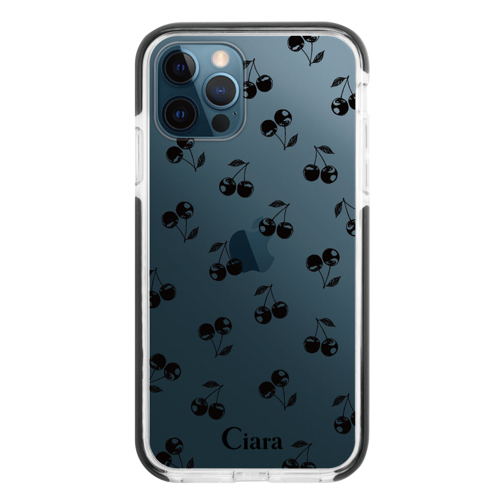 iPhone12ProMax クッションバンパー 耐衝撃クリアケース ロマンティックチェリー ブラック