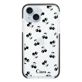 iPhone15Plus クッションバンパー 耐衝撃クリアケース ロマンティックチェリー ブラック