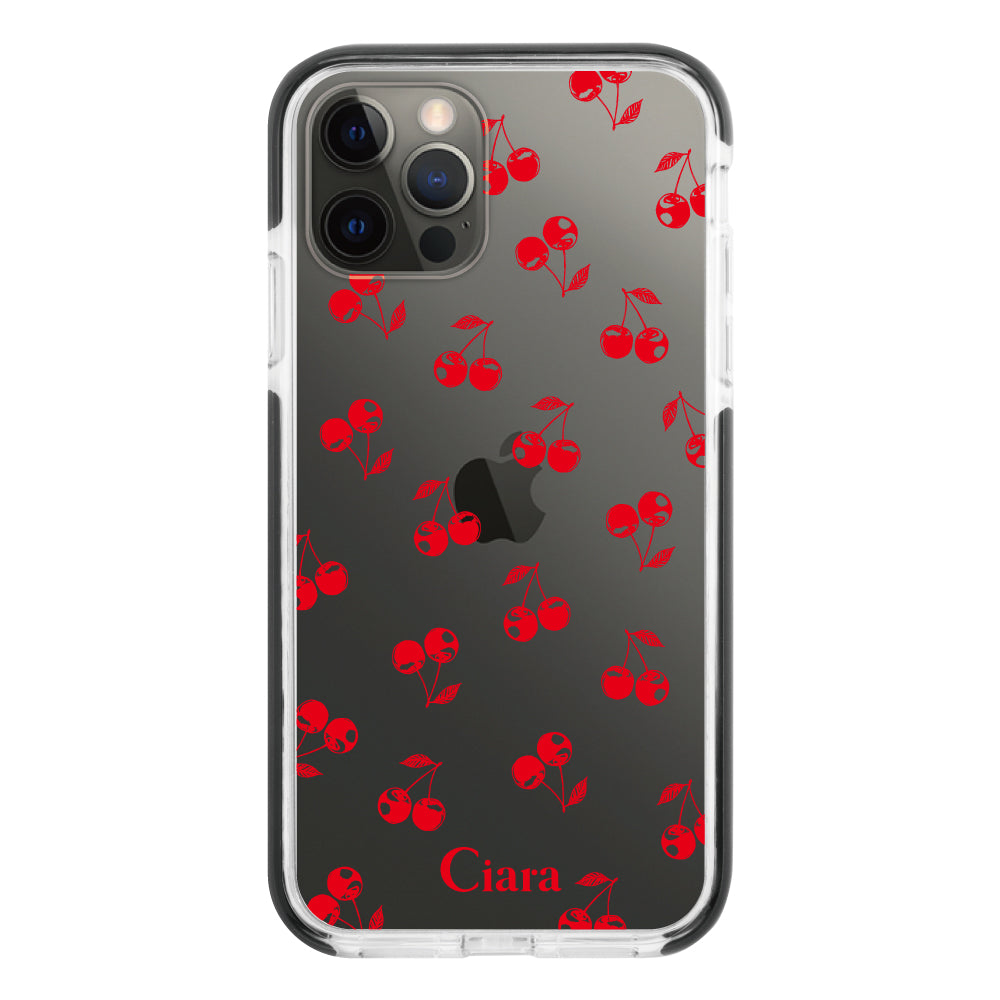 iPhoneX/XS クッションバンパー 耐衝撃クリアケース ロマンティックチェリー レッド