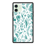 iPhone12miniケース スクエア 強化ガラスケース ロマンティックフラワー グリーン