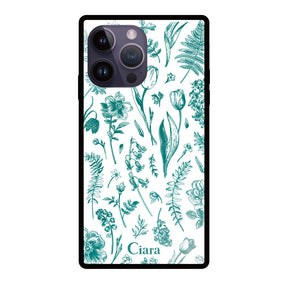 iPhone14ProMaxケース スクエア 強化ガラスケース ロマンティックフラワー グリーン