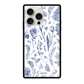 iPhone15ProMaxケース スクエア 強化ガラスケース ロマンティックフラワー グリーン