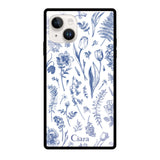 iPhone14ケース スクエア 強化ガラスケース ロマンティックフラワー ブルー