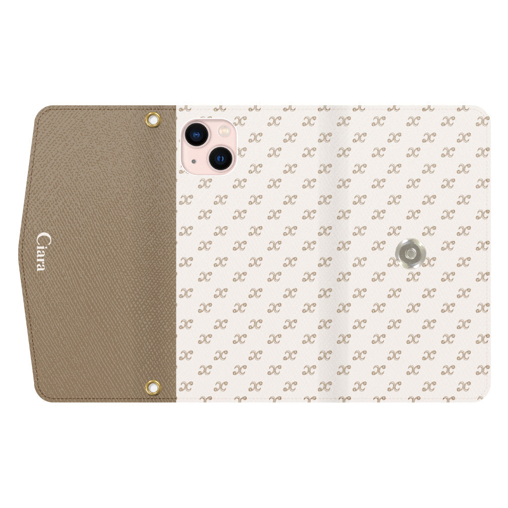 iPhone13ケース 手帳型カード収納レザーケース シアラモノグラムパターン ベージュ