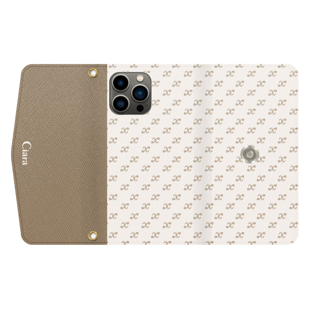 iPhone13Proケース 手帳型カード収納レザーケース シアラモノグラムパターン ベージュ
