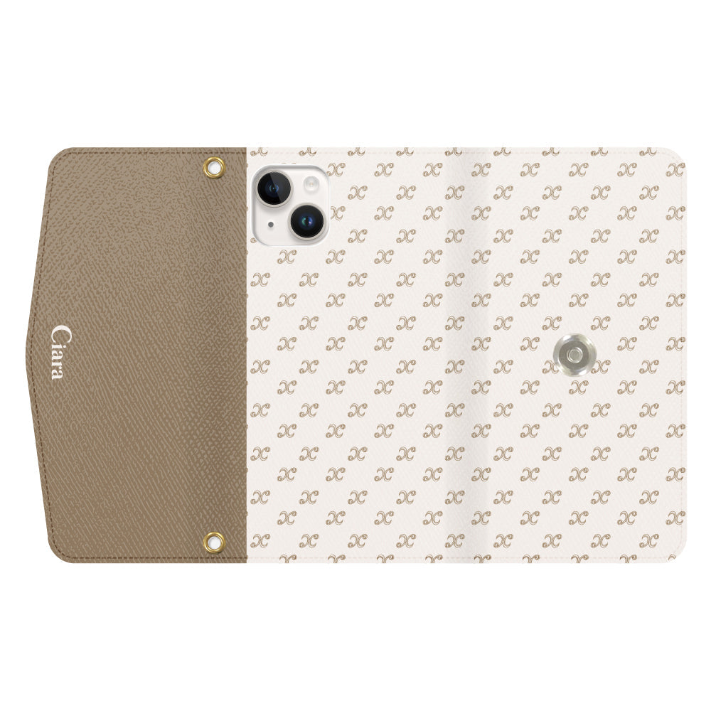 iPhone14ケース 手帳型カード収納レザーケース シアラモノグラムパターン ベージュ