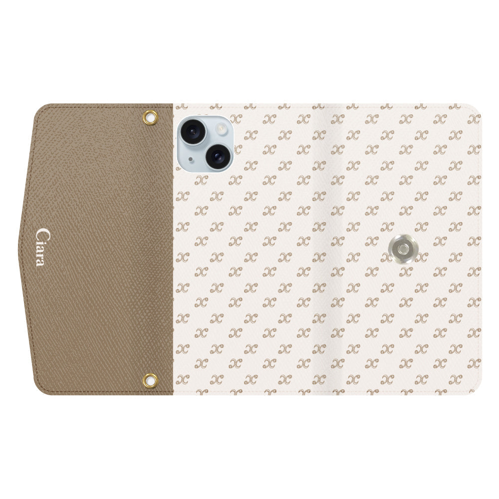 iPhone15Plusケース 手帳型カード収納レザーケース シアラモノグラムパターン ベージュ