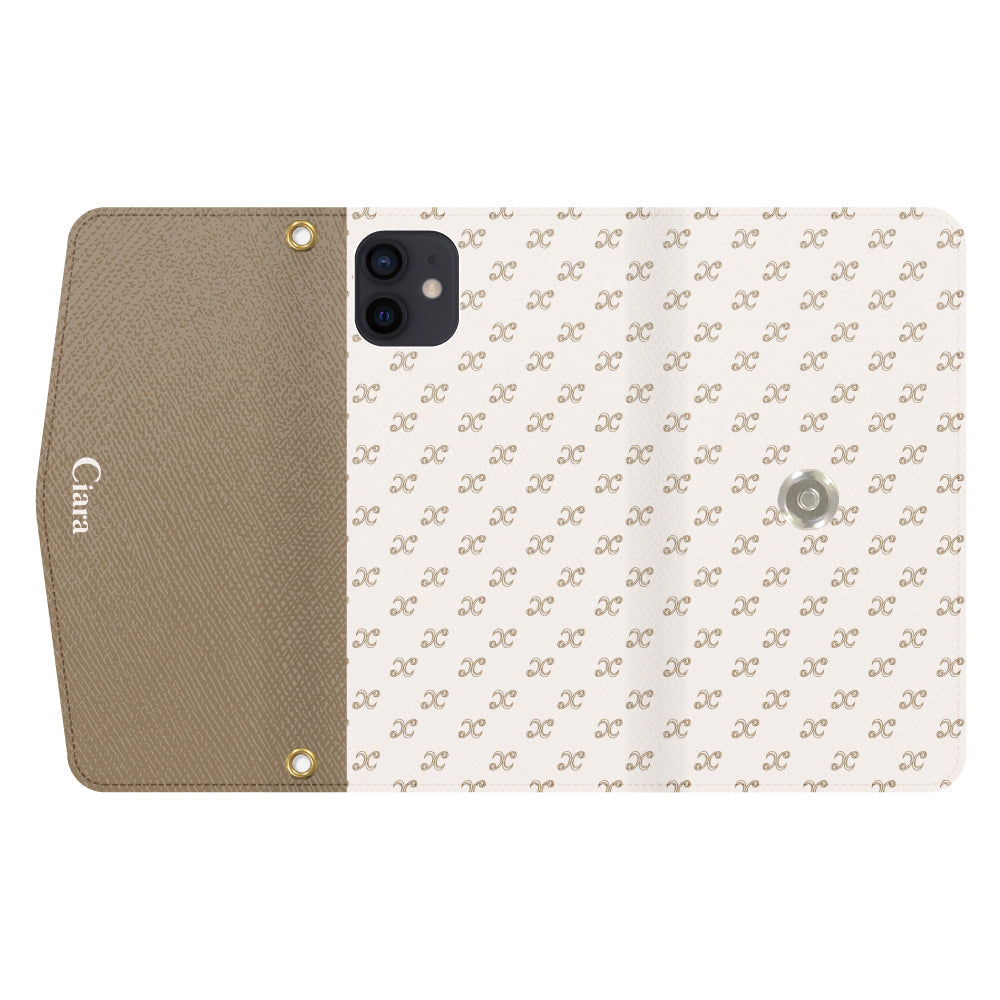 iPhoneXRケース 手帳型カード収納レザーケース シアラモノグラムパターン ベージュ