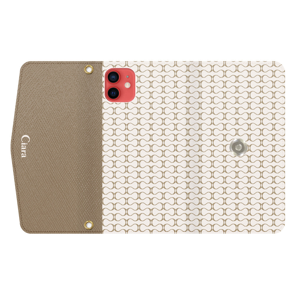 iPhone11ケース 手帳型カード収納レザーケース シアラマカダムパターン ベージュ