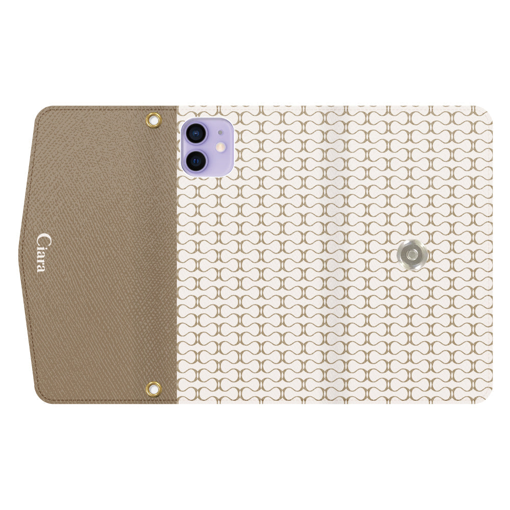 iPhone12/12Proケース 手帳型カード収納レザーケース シアラマカダムパターン ベージュ