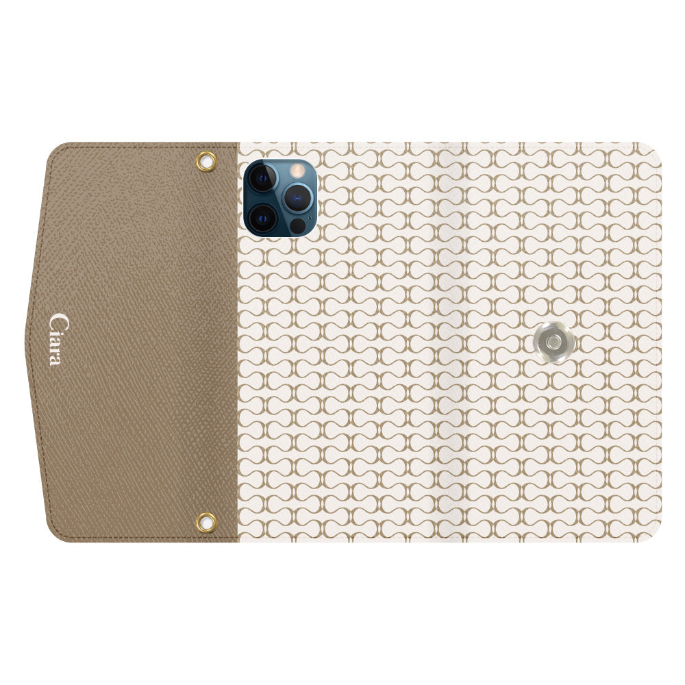 iPhone12ProMaxケース 手帳型カード収納レザーケース シアラマカダムパターン ベージュ