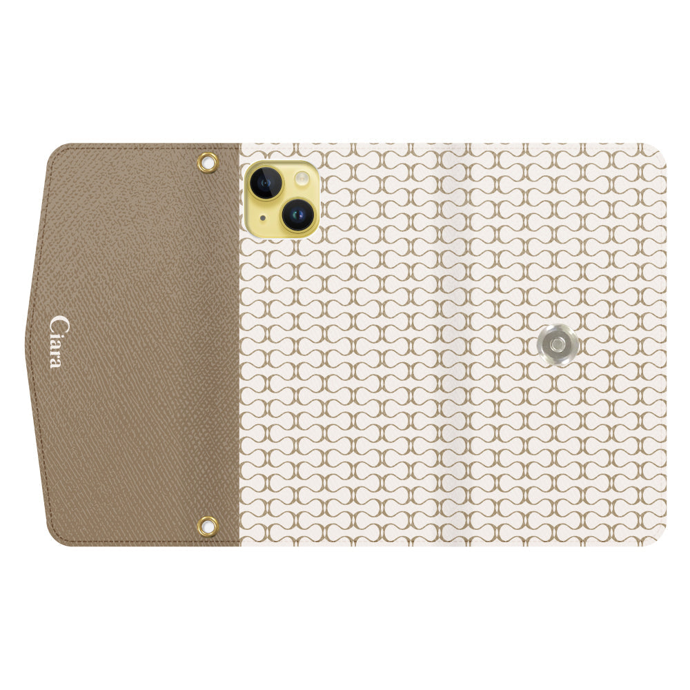 iPhone14Plusケース 手帳型カード収納レザーケース シアラマカダムパターン ベージュ