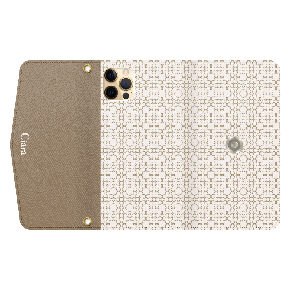 iPhone11ProMaxケース 手帳型カード収納レザーケース シアラマカダムフルパターン ベージュ