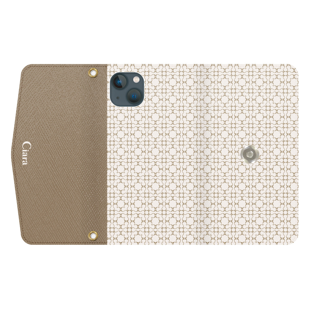 iPhone13miniケース 手帳型カード収納レザーケース シアラマカダムフルパターン ベージュ