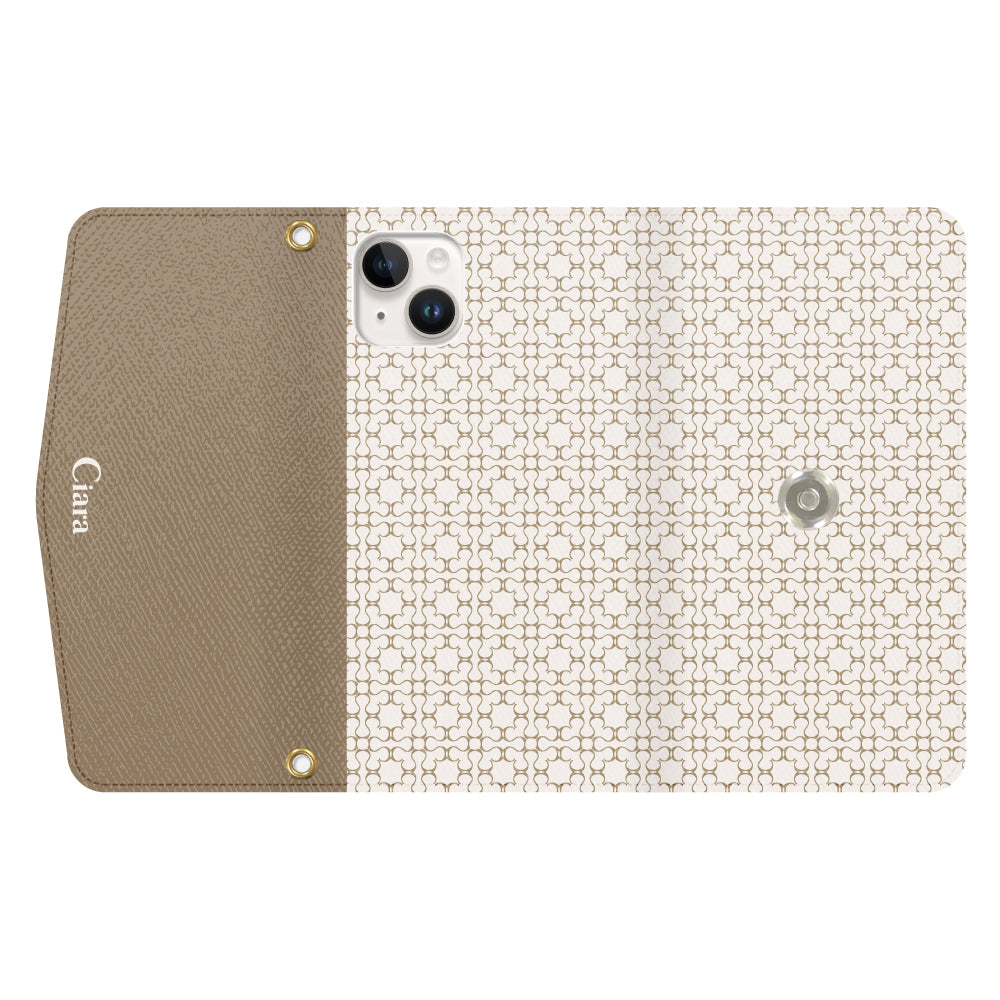 iPhone14ケース 手帳型カード収納レザーケース シアラマカダムフルパターン ベージュ