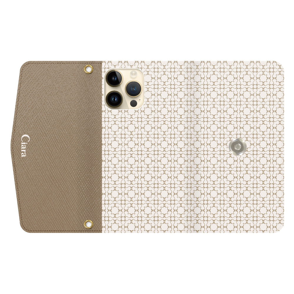 iPhone14Proケース 手帳型カード収納レザーケース シアラマカダムフルパターン ベージュ