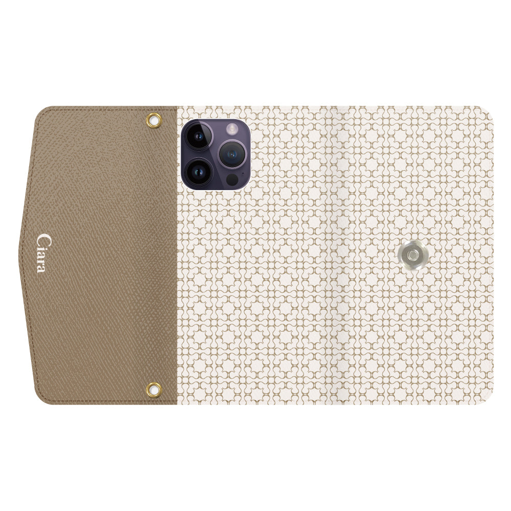 iPhone14ProMaxケース 手帳型カード収納レザーケース シアラマカダムフルパターン ベージュ