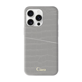 iPhone16ProMaxケース クロコPUポケット レザーカード収納ケース ロゴ グレー