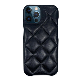 iPhone12ProMax キルティングPU レザーケース ロゴ ブラック