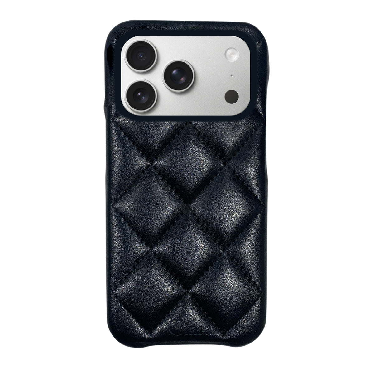 iPhone17Pro キルティングPU レザーケース ロゴ ブラック