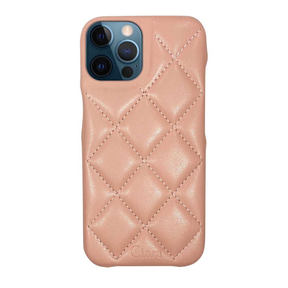 iPhone12ProMax キルティングPU レザーケース ロゴ ピンク