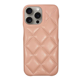 iPhone15Pro キルティングPU レザーケース ロゴ ピンク