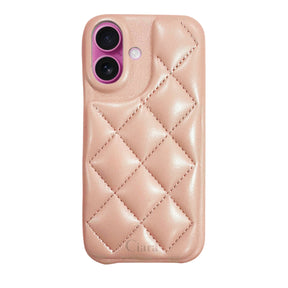 iPhone16Plus キルティングPU レザーケース ロゴ ピンク