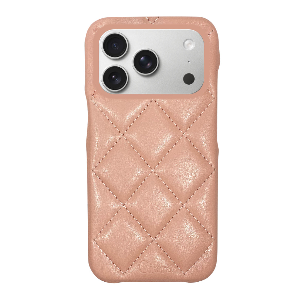 iPhone17Pro キルティングPU レザーケース ロゴ ピンク