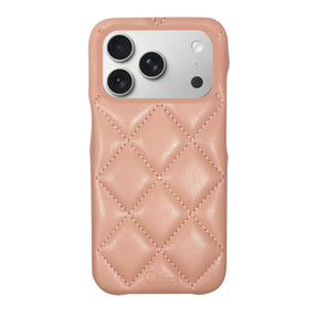 iPhone17Pro キルティングPU レザーケース ロゴ ピンク