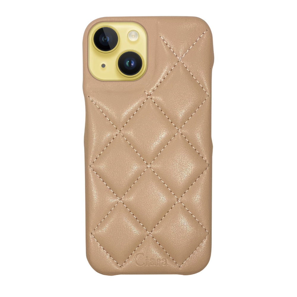 iPhone14Plus キルティングPU レザーケース ロゴ ベージュ