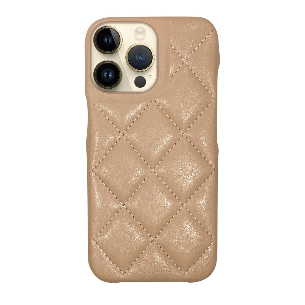 iPhone14Pro キルティングPU レザーケース ロゴ ベージュ