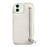 iPhone12miniケース ZIPポケットミラー付き背面手帳PUレザー 手帳型カード収納レザーケース ロゴ ホワイト