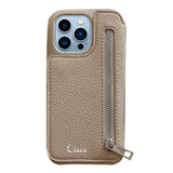 iPhone13ProMaxケース ZIPポケットミラー付き背面手帳PUレザー 手帳型カード収納レザーケース ロゴ ベージュ