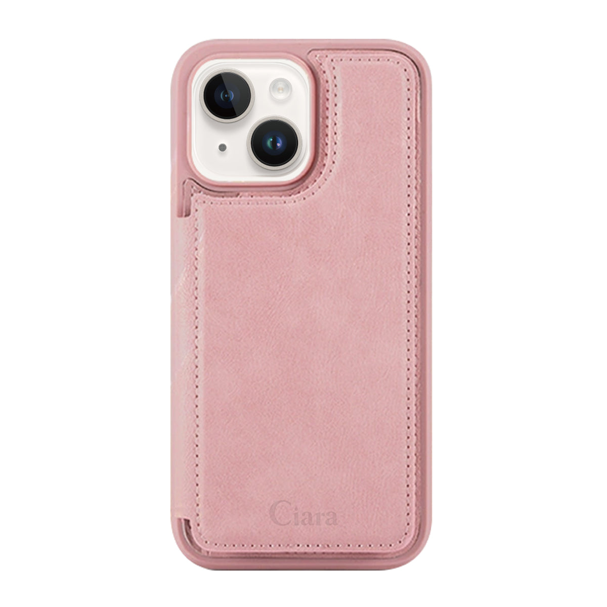 iPhone14/13 カード収納付きバックフリップ手帳型 カード収納ケース ロゴ ピンク