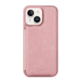 iPhone14/13 カード収納付きバックフリップ手帳型 カード収納ケース ロゴ ピンク