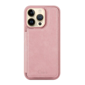iPhone14Pro カード収納付きバックフリップ手帳型 カード収納ケース ロゴ ピンク
