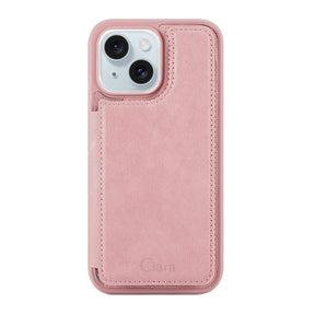 iPhone15Plus/14Plus カード収納付きバックフリップ手帳型 カード収納ケース ロゴ ピンク