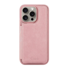 iPhone15Pro カード収納付きバックフリップ手帳型 カード収納ケース ロゴ ピンク