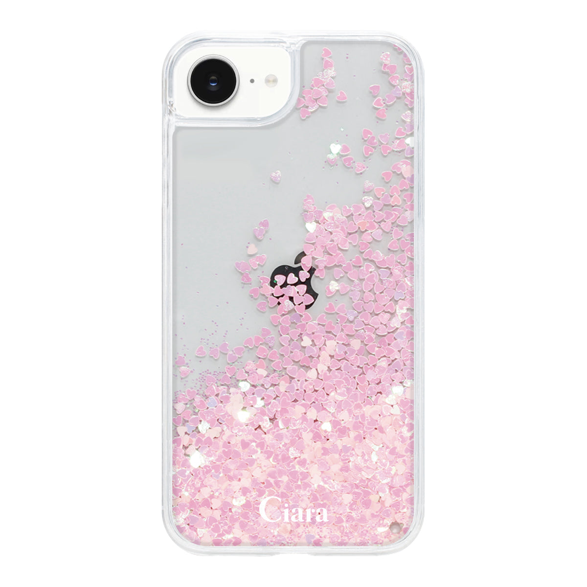 iPhone16e グリッター オイルクリアケース ロゴ ピンク